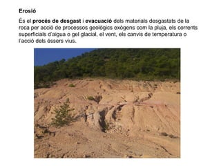 Erosió
És el procés de desgast i evacuació dels materials desgastats de la
roca per acció de processos geològics exògens com la pluja, els corrents
superficials d’aigua o gel glacial, el vent, els canvis de temperatura o
l’acció dels éssers vius.
 