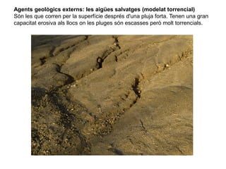 Agents geològics externs: les aigües salvatges (modelat torrencial)
Són les que corren per la superfície després d'una pluja forta. Tenen una gran
capacitat erosiva als llocs on les pluges són escasses però molt torrencials.
 