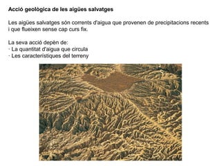Acció geològica de les aigües salvatges
Les aigües salvatges són corrents d'aigua que provenen de precipitacions recents
i que flueixen sense cap curs fix.
La seva acció depèn de:
· La quantitat d'aigua que circula
· Les característiques del terreny
 