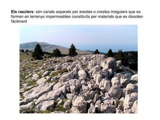 Els rasclers: són canals separats per arestes o crestes irregulars que es
formen en terrenys impermeables constituïts per materials que es dissolen
fàcilment
 