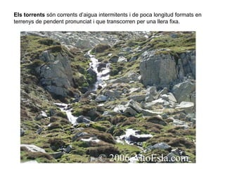 Els torrents són corrents d’aigua intermitents i de poca longitud formats en
terrenys de pendent pronunciat i que transcorren per una llera fixa.
 
