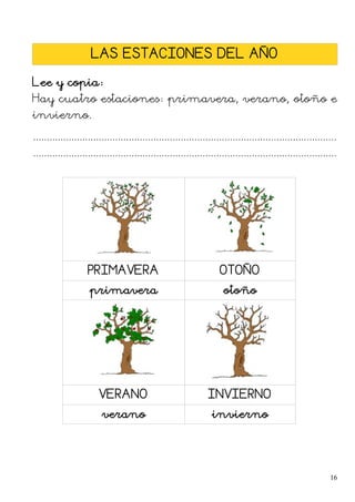 LAS ESTACIONES DEL AÑO
Lee y copia:
Hay cuatro estaciones: primavera, verano, otoño e
invierno.
...............................................................................................................
...............................................................................................................
PRIMAVERA OTOÑO
primavera otoño
VERANO INVIERNO
verano invierno
16
 