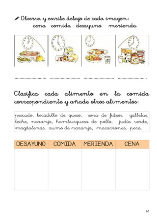  Observa y escribe debajo de cada imagen:
cena – comida – desayuno merienda
.......................... ......................... ......................... ........................
Clasifica cada alimento en la comida
correspondiente y añade otros alimentos:
pescado, bocadillo de queso, sopa de fideos, galletas,
leche, naranja, hamburguesa de pollo, judía verde,
magdalenas, zumo de naranja, macarrones, pera.
DESAYUNO COMIDA MERIENDA CENA
62
 