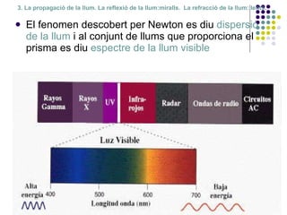 3. La propagació de la llum. La reflexió de la llum:miralls.  La refracció de la llum: lents . El fenomen descobert per Newton es diu  dispersió de la llum  i al conjunt de llums que proporciona el prisma es diu  espectre de la llum visible 