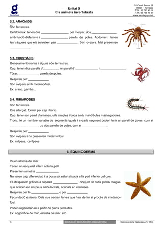C/ Cavall Bernat 16
                                            Unitat 5                                                      08227 – Terrassa
                                                                                                         TEL: 93 783 45 06
                                    Els animals invertebrats                                            FAX: 93 786 19 97
                                                                                                       www.escolagoya.net

5.2. ARÀCNIDS
Són terrestres.
Cefalotòrax: tenen dos                              , per menjar, dos                  ,
amb funció defensiva i                               parells de potes. Abdomen: tenen
les tràquees que els serveixen per                         . Són ovípars. Mai presenten
               .


5.3. CRUSTACIS
Generalment marins i alguns són terrestres.
Cap: tenen dos parells d’               , un parell d’                    i                     .
Tòrax:                   parells de potes.
Respiren per                   .
Són ovípars amb metamorfosi.
Ex: cranc, gamba...


5.4. MIRIÀPODES
Són terrestres.
Cos allargat, format per cap i tronc.
Cap: tenen un parell d’antenes, ulls simples i boca amb mandíbules mastegadores.
Tronc: té un nombre variable de segments iguals i a cada segment poden tenir un parell de potes, com el
                         , o dos parells de potes, com el                       .
Respiren per                   .
Són ovípars i no presenten metamorfosi.
Ex: milpeus, centpeus.


                                                    6. EQUINODERMS

Viuen al fons del mar.
Tenen un esquelet intern sota la pell.
Presenten simetria                      .
No tenen cap diferenciat, i la boca sol estar situada a la part inferior del cos.
Es desplacen gràcies a l’aparell                           : conjunt de tubs plens d’aigua,
que acaben en els peus ambulacrals, acabats en ventoses.
Respiren per la                             o per                 .
Fecundació externa. Dels ous neixen larves que han de fer el procés de metamor-
fosi.
Poden regenerar-se a partir de parts perdudes.
Ex: cogombre de mar, estrella de mar, etc.

3                                               EDUCACIÓ SECUNDÀRIA OBLIGATÒRIA            Ciències de la Naturalesa 1r ESO
 