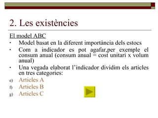 2. Les existències El model ABC Model basat en la diferent importància dels estocs Com a indicador es pot agafar,per exemple el consum anual (consum anual = cost unitari x volum anual) Una vegada elaborat l’indicador dividim els articles en tres categories: Articles A Articles B Articles C 
