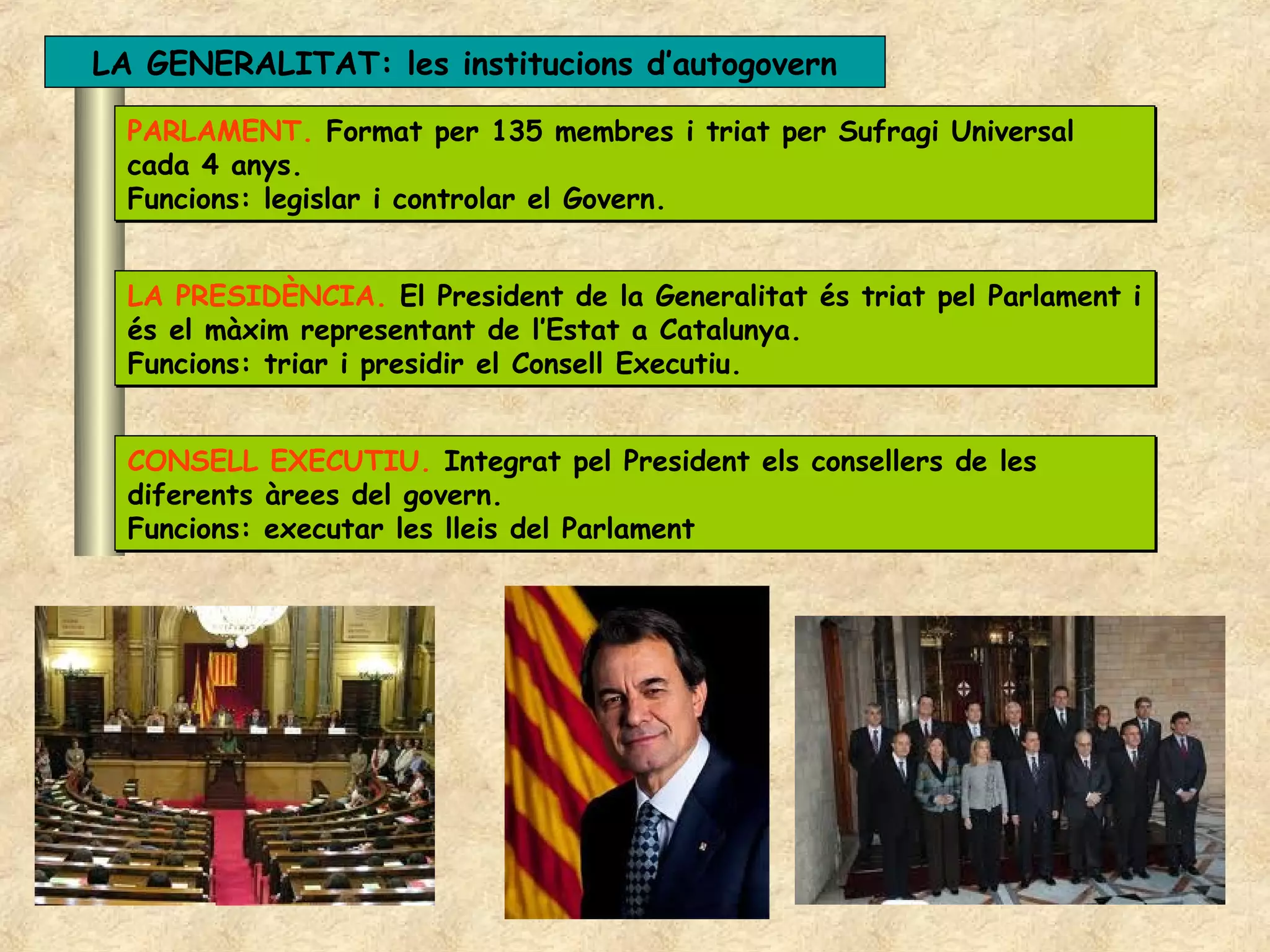 LA GENERALITAT: les institucions d’autogovern

  PARLAMENT. Format per 135 membres i triat per Sufragi Universal
  cada 4 anys.
  Funcions: legislar i controlar el Govern.


  LA PRESIDÈNCIA. El President de la Generalitat és triat pel Parlament i
  és el màxim representant de l’Estat a Catalunya.
  Funcions: triar i presidir el Consell Executiu.


  CONSELL EXECUTIU. Integrat pel President els consellers de les
  diferents àrees del govern.
  Funcions: executar les lleis del Parlament
 