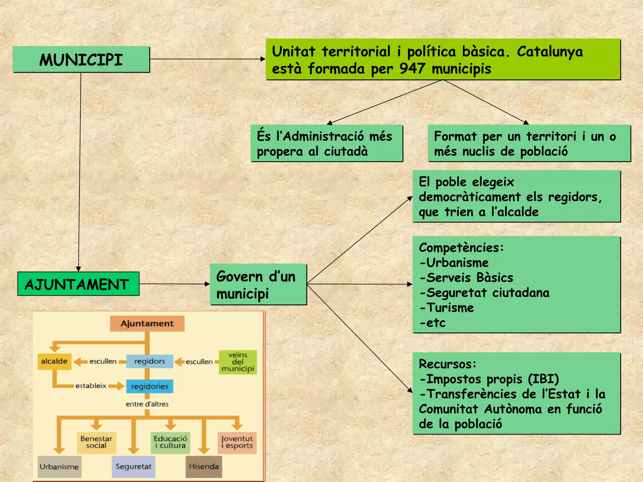 Unitat territorial i política bàsica. Catalunya
 MUNICIPI           està formada per 947 municipis



                  És l’Administració més     Format per un territori i un o
                  propera al ciutadà         més nuclis de població

                                           El poble elegeix
                                           democràticament els regidors,
                                           que trien a l’alcalde

                                           Competències:
                                           -Urbanisme
             Govern d’un                   -Serveis Bàsics
AJUNTAMENT
             municipi                      -Seguretat ciutadana
                                           -Turisme
                                           -etc


                                           Recursos:
                                           -Impostos propis (IBI)
                                           -Transferències de l’Estat i la
                                           Comunitat Autònoma en funció
                                           de la població
 