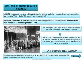 Júlia López Valera (Institut Banús)
1873: CRISI DE SOBREPRODUCCIÓ
A EUROPA
Al 1873 Europa patí una greu crisi econòmica. En principi agrícola, i provocada per les importacions
de cereals d’Estats Units ( Més barats que els europeus).
La crisi al camp reduí el consum, per això es donà una greu crisi de sobreproducció. Les indústries
van començar a tancar i augmentava l’atur .
Per protegir la seva producció els països europeus
adopten mesures com el proteccionisme.
Però la resta de potències extra europees van fer
el mateix, amb la qual cosa els països europeus es
van trobar que tampoc podien donar sortida al seu
excés de producció.
LA CONFLICTIVITAT SOCIAL AUGMENTÀ
Això provocarà la necessitat de buscar NOUS MERCATS on vendre els excedents de
producció i obtenir matèries primeres.
Sortida
 