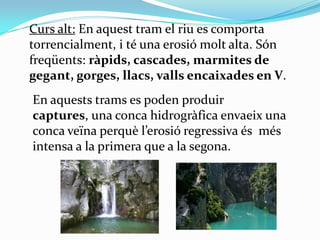 Curs alt: En aquest tram el riu es comporta
torrencialment, i té una erosió molt alta. Són
freqüents: ràpids, cascades, ma...