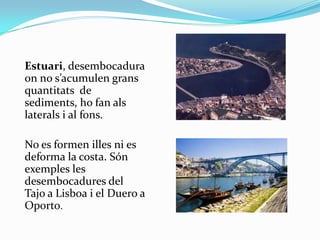 Estuari, desembocadura
on no s’acumulen grans
quantitats de
sediments, ho fan als
laterals i al fons.
No es formen illes n...