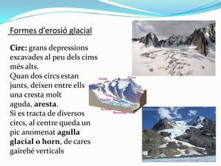Formes d’erosió glacial
Circ: grans depressions
excavades al peu dels cims
més alts.
Quan dos circs estan
junts, deixen entre ells
una cresta molt
aguda, aresta.
Si es tracta de diversos
circs, al centre queda un
pic anomenat agulla
glacial o horn, de cares
gairebé verticals

 