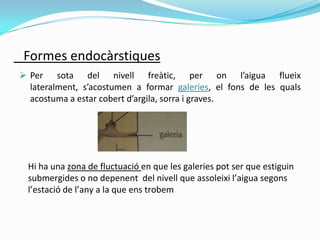 Formes endocàrstiques
 Per sota del nivell freàtic, per on l’aigua flueix
lateralment, s’acostumen a formar galeries, el fons de les quals
acostuma a estar cobert d’argila, sorra i graves.

Hi ha una zona de fluctuació en que les galeries pot ser que estiguin
submergides o no depenent del nivell que assoleixi l’aigua segons
l’estació de l’any a la que ens trobem

 