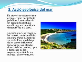 3. Acció geològica del mar
Els processos costaners són
azonals, estan poc influïts
pel clima. Les onades són
un agent universal que
canalitza grans quantitats
d’energia cap a la costa.
La costa, gràcies a l’acció de
les marees, no és una línia
sinó una franja d’amplitud
variable. En el modelatge
de les costes influeixen
factors diversos: alçada i
direcció de les onades, tipus
i disposició de les
roques, intensitat de les
marees i els corrents, etc.

 