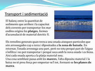 Transport i sedimentació
El balanç entre la quantitat de
sediments que arriben i la capacitat
dels corrents per transporta...