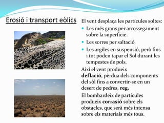 Erosió i transport eòlics

El vent desplaça les partícules soltes:
 Les més grans per arrossegament
sobre la superficie.
...