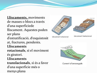 Lliscaments, moviments
de masses o blocs a través
d’una superficiede
lliscament. Aquestes poden
ser plans
d’estratificació...