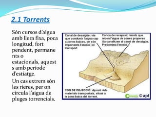 2.1 Torrents
Són cursos d’aigua
amb llera fixa, poca
longitud, fort
pendent, permane
nts o
estacionals, aquest
s amb perío...