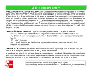 El pH i el nostre entornEl pH i el nostre entorn
DISSOLUCIONS REGULADORES EN ELS OCEANS: En els oceans hi ha una dissolució reguladora de pH formada
per la barreja H2CO3/HCO3
+
/CO3
2+
. A més, el diòxid de carboni gas quan es combina amb l’aigua forma l’àcid carbònic.
L’aigua de mar té un pH que oscil·la entre 8 i 8,3. Aquest fet afavoreix el desenvolupament d’organismes marins que
tenen una part del cos formada per carbonats, com ara els equinoderms, els coralls o els mol·luscs. S’ha observat que
una gran part de la contaminació per emissió de CO2 a l’atmosfera és absorbida pels oceans. Com a conseqüència
d’això s’està produint una acidificació dels mars. Si seguim al ritme actual, es calcula que en les properes dècades el
pH dels oceans disminuirà fins a assolir uns valors amb efectes devastadors per al desenvolupament de coralls i altres
espècies calcàries.
LA IMPORTÀNCIA DEL PH DEL SÒL: El pH condiciona les propietats del sòl. El pH òptim és el neutre.
•pH < 6,5: deficiència per fixació en forma de compostos insolubles de fòsfor i molibdè; deficiència per
empobriment de calci, magnesi i potassi; solubilització d’elements tòxics per a les plantes com el manganès i
l’alumini.
•6,5 < pH < 7,5: pH òptim.
•pH > 7,5: deficiència per fixació en forma de compostos insolubles de nutrients com ara fòsfor, ferro,
manganès, bor, zinc i coure.
LA PLUJA ÀCIDA: és l’efecte que produeix la contaminació atmosfèrica originada per òxids de nitrogen, NOx,i de
sofre, SOx, en estat gasós, es transformen en HNO3 i H2SO4, respectivament.
La pluja àcida va a parar als rius i als llacs, directament o indirectament, i perjudica la vida aquàtica. Si la zona afectada
per la pluja àcida és boscosa, es produeixen danys greus en la vegetació, des de la corrosió del fullatge dels arbres, en
ser malmesa la cutícula de la fulla, fi ns a la reducció del creixement, que acabarà amb la mort de la planta.
Animació que mostra la formació de la pluja àcida (en anglès)
http://faculty.sgc.edu/larnold/animations/Science1111/AirPollution/5_B1FactorySO2.swf
 