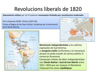 Revolucions liberals de 1820
Aixecaments militars per tal d’implantar monarquies limitades per constitucions moderades.
Èxit a Espanya (1820) i Grècia (1825-29).
Fracàs al Regne de les Dues Sicílies i Sardenya per la intervenció
de la Santa Aliança.
Moviments independentistes a les colònies
espanyoles de Sud-Amèrica.
La burgesia criolla s’enfrontava a la monarquia
perquè no podia accedir als càrrecs polítics ni
comerciar lliurement.
Campanyes militars de líders independentistes
com Simón Bolívar i José de San Martín entre
1815 i 1824 que van imposar el liberalisme
mitjançant les noves repúbliques.
 