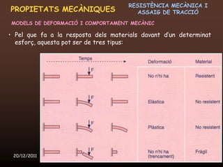 RESISTÈNCIA MECÀNICA I
PROPIETATS MECÀNIQUES                             ASSAIG DE TRACCIÓ
MODELS DE DEFORMACIÓ I COMPORTAMENT MECÀNIC

• Pel que fa a la resposta dels materials davant d’un determinat
  esforç, aquesta pot ser de tres tipus:




 20/12/2011               Unitat 6. Propietats i assaigs            12
 