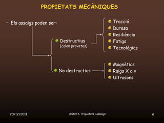 PROPIETATS MECÀNIQUES

• Els assaigs poden ser:                                         Tracció
                                                                 Duresa
                                                                 Resiliència
                           Destructius                           Fatiga
                           (calen provetes)
                                                                 Tecnològics


                                                                 Magnètics
                           No destructius                        Raigs X o γ
                                                                 Ultrasons




 20/12/2011                     Unitat 6. Propietats i assaigs                 6
 