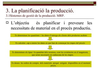 3. La planificació la producció. 3.1Sistemes de gestió de la producció. MRP. L’objectiu  és planificar i preveure les necessitats de material en el procés productiu. Es determinen les quantitats i  les dates d’entrega als clients dels productes acabats Es calculen  cap a enrere les dates en que han de començar les etapes del procés Es determinen els tipus i la quantitat dels recursos, com les existències en el magatzem, que seran necessaris en cadascuna de les etapes. Es donen  les ordres de compra  dels materials  perquè  estiguin  disponibles en el moment precís. 