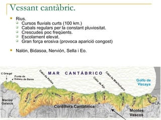 Vessant cantàbric.
   Rius.
     Cursos fluvials curts (100 km.)
     Cabals regulars per la constant pluviositat.
     Crescudes poc freqüents.
     Escolament elevat.
     Gran força erosiva (provoca aparició congost)


   Nalón, Bidasoa, Nervión, Sella i Eo.
 