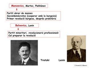 Menxevics, Martov, Plekhànov
Partit obrer de masses
Socialdemòcrates (cooperar amb la burgesia)
Primer revolució burgesa, després proletària
Bolxevics, Lenin
Partit minoritari, revolucionaris professionals
Cal preparar la revolució
Trotski Lenin
C.Aranda & J.Manero
 