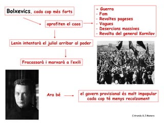 Bolxevics, cada cop més forts
aprofiten el caos
- Guerra
- Fam
- Revoltes pageses
- Vagues
- Desercions massives
- Revolta del general Kornilov
Lenin intentarà el juliol arribar al poder
Fracassarà i marxarà a l’exili
aprofiten el caos
- Guerra
- Fam
- Revoltes pageses
- Vagues
- Desercions massives
- Revolta del general Kornilov
Ara bé el govern provisional és molt impopular
cada cop té menys recolzament
C.Aranda & J.Manero
 