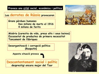 Provoca una crisi social, econòmica i política
Les derrotes de Rússia provocaren
Grans pèrdues humanes
Dos milions de morts el 1916
4 milions de ferits
Misèria (carestia de vida, preus alts i sous baixos)
Escassetat de productes de primera necessitat
Tancament de fàbriques
Descontentament social i polític
desprestigi encara major del Tsar
Aquesta situació provoca
Desorganització i corrupció política
(Rasputin)
Rasputin
 