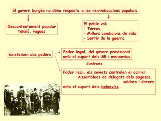 El govern burgès no dóna resposta a les reivindicacions populars
El poble vol:
- Terres
- Millors condicions de vida
- Sortir de la guerra
Descontentament popular
tensió, vagues
Existeixen dos poders
Poder legal, del govern provisional
amb el suport dels SR i menxevics
Poder real, els soviets controlen el carrer
Assemblees de delegats dels pagesos,
soldats i obrers
amb el suport dels bolxevics
S’enfronta
 