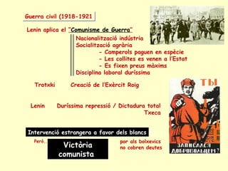 Guerra civil (1918-1921Guerra civil (1918-1921
Victòria
comunista
Lenin aplica el “Comunisme de Guerra”
Nacionalització indústria
Socialització agrària
- Camperols paguen en espècie
- Les collites es venen a l’Estat
- Es fixen preus màxims
Disciplina laboral duríssima
Intervenció estrangera a favor dels blancs
Però... por als bolxevics
no cobren deutes
Creació de l’Exèrcit RoigTrotxki
Duríssima repressió / Dictadura total
Txeca
Lenin
 