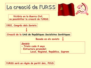 La creació de l’URSSLa creació de l’URSS
Creació de la Unió de Repúbliques Socialistes Soviètiques
1922, Congrés dels Soviets
Soviets
- Triats cada 4 anys
- Estructura piramidal:
Local, Regional, República, Suprem
Basada en els soviets
l’URSS serà un règim de partit únic, PCUS
Victòria en la Guerra Civil,
va possibilitar la creació de l’URSS
 