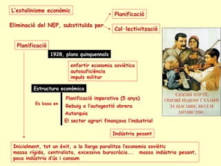 L’estalinisme econòmicL’estalinisme econòmic
Planificació
1928, plans quinquennals1928, plans quinquennals
Estructura econòmicaEstructura econòmica
Planificació imperativa (5 anys)
Rebuig a l’autogestió obrera
Autarquia
El sector agrari finançava l’industrial
Indústria pesant
Es basa en
enfortir economia soviètica
autosuficiència
impuls militar
Eliminació del NEP, substituïda per
Planificació
Col·lectivització
Inicialment, tot un èxit, a la llarga paralitza l’economia soviètic
massa rígida, centralista, excessiva burocràcia... massa indústria pesant,
poca indústria d’ús i consum
 