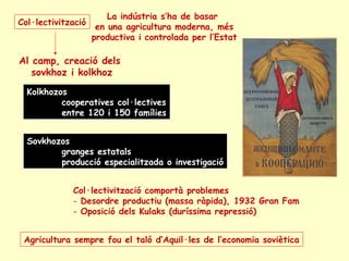 Al camp, creació dels
sovkhoz i kolkhoz
Col·lectivització
La indústria s’ha de basar
en una agricultura moderna, més
productiva i controlada per l’Estat
Kolkhozos
cooperatives col·lectives
entre 120 i 150 famílies
Kolkhozos
cooperatives col·lectives
entre 120 i 150 famílies
Sovkhozos
granges estatals
producció especialitzada o investigació
Sovkhozos
granges estatals
producció especialitzada o investigació
Col·lectivització comportà problemes
- Desordre productiu (massa ràpida), 1932 Gran Fam
- Oposició dels Kulaks (duríssima repressió)
Agricultura sempre fou el taló d’Aquil·les de l’economia soviètica
 