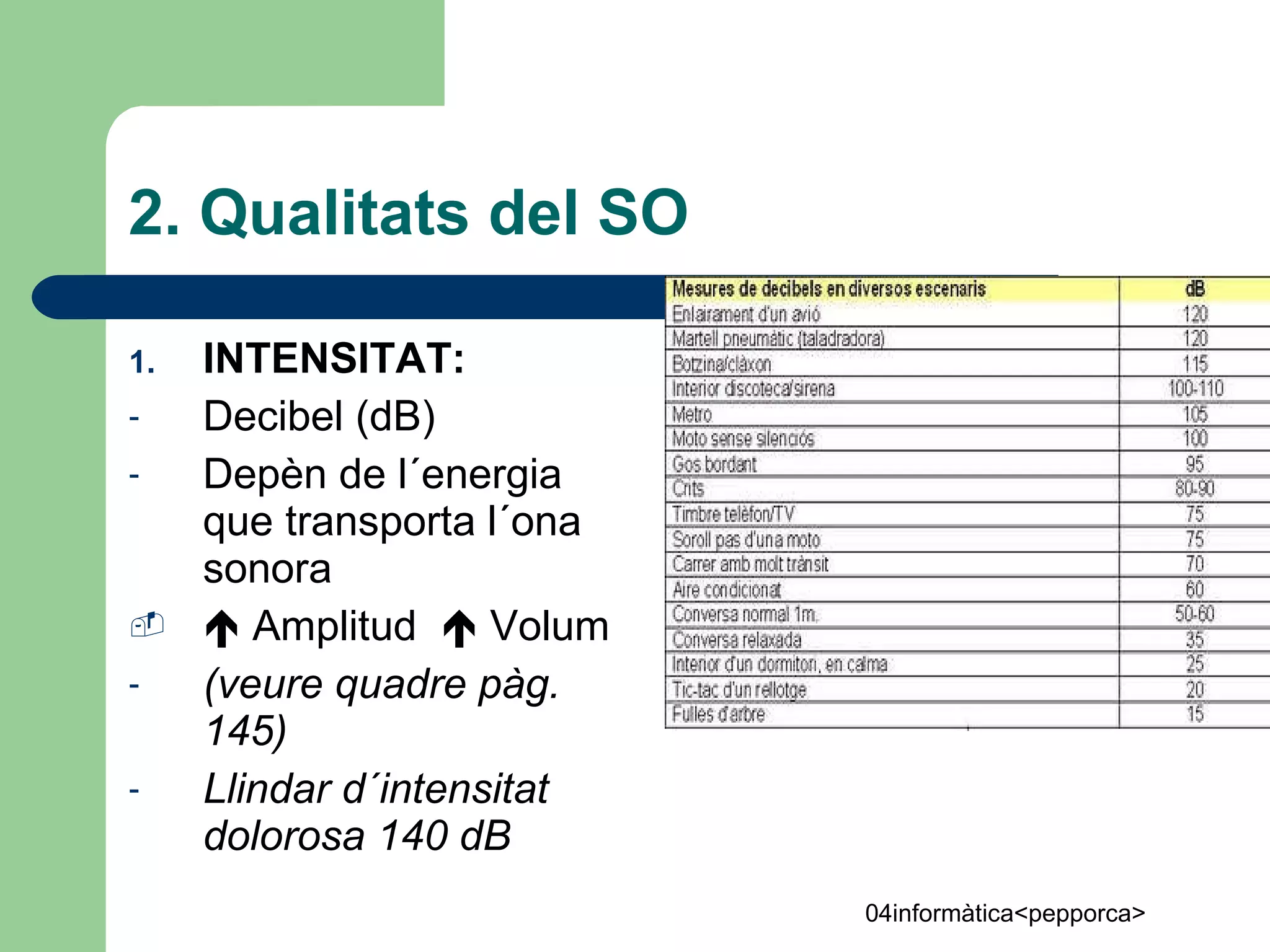 2. Qualitats del SO INTENSITAT: Decibel (dB) Depèn de l´energia que transporta l´ona sonora    Amplitud    Volum (veure quadre pàg. 145) Llindar d´intensitat dolorosa 140 dB 
