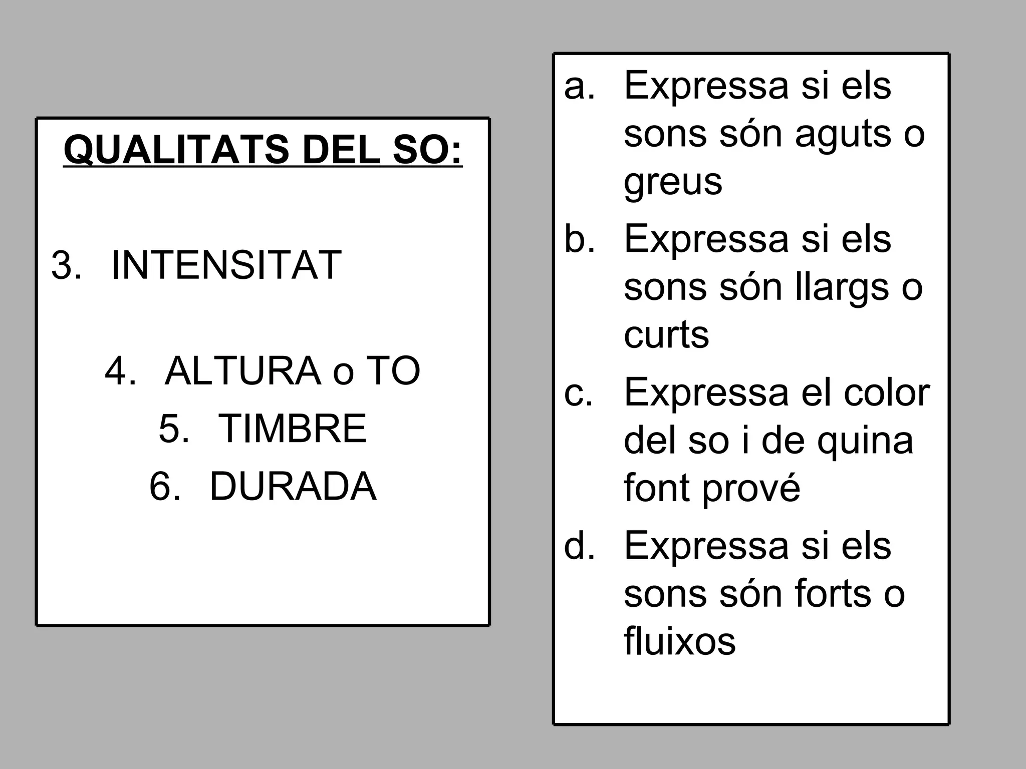 QUALITATS DEL SO: INTENSITAT  ALTURA o TO TIMBRE DURADA Expressa si els sons són aguts o greus Expressa si els sons són llargs o curts Expressa el color del so i de quina font prové Expressa si els sons són forts o fluixos 