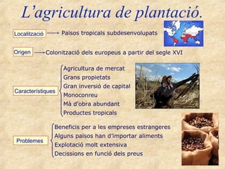 L’agricultura de plantació.
Localització        Països tropicals subdesenvolupats


Origen         Colonització dels europeus a partir del segle XVI

                     Agricultura de mercat
                     Grans propietats
                     Gran inversió de capital
Característiques
                     Monoconreu
                     Mà d’obra abundant
                     Productes tropicals

                  Beneficis per a les empreses estrangeres
                  Alguns països han d’importar aliments
Problemes
                  Explotació molt extensiva
                  Decissions en funció dels preus
 