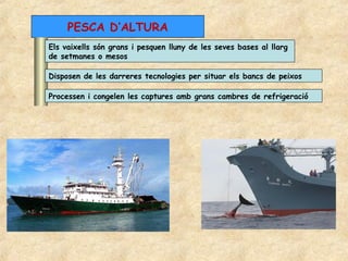 PESCA D’ALTURA
Els vaixells són grans i pesquen lluny de les seves bases al llarg
de setmanes o mesos

Disposen de les darreres tecnologies per situar els bancs de peixos

Processen i congelen les captures amb grans cambres de refrigeració
 