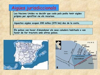 Aigües jurisdiccionals
 Les Nacions Unides va decidir que cada país podia tenir aigües
 pròpies per aprofitar-ne els recursos.


 Aquestes aigües ocupen 200 milles (370 km) des de la costa.


 Els països van haver d’abandonar els seus caladors habituals o van
 haver de fer tractats amb altres països.
 