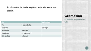 7.- Completa la taula següent amb els verbs en
passat.
El present, el passat i el
futurJo Vaig dinar
Tu Has estudiat
Ell o ella Va llegir
Nosaltres Hem fet
Vosaltres ... comprat
Ells o elles ...tancat
 