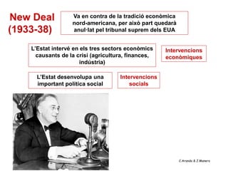 New Deal           Va en contra de la tradició econòmica
                   nord-americana, per això part quedarà
(1933-38)          anul·lat pel tribunal suprem dels EUA


    L’Estat intervé en els tres sectors econòmics    Intervencions
      causants de la crisi (agricultura, finances,   econòmiques
                       indústria)

      L’Estat desenvolupa una        Intervencions
      important política social          socials




                                                           C.Aranda & J.Manero
 