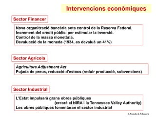 Intervencions econòmiques
Sector Financer
 Nova organització bancària sota control de la Reserva Federal.
 Increment del crèdit públic, per estimular la inversió.
 Control de la massa monetària.
 Devaluació de la moneda (1934, es devaluà un 41%)



Sector Agrícola

 Agriculture Adjustment Act
 Pujada de preus, reducció d’estocs (reduir producció, subvencions)



Sector Industrial

 L’Estat impulsarà grans obres públiques
                      (crearà el NIRA i la Tennessee Valley Authority)
 Les obres públiques fomentaran el sector industrial
                                                              C.Aranda & J.Manero
 