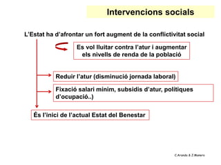 Intervencions socials

L’Estat ha d’afrontar un fort augment de la conflictivitat social

                  Es vol lluitar contra l’atur i augmentar
                   els nivells de renda de la població


           Reduir l’atur (disminució jornada laboral)

           Fixació salari mínim, subsidis d’atur, polítiques
           d’ocupació..)

   És l’inici de l’actual Estat del Benestar




                                                      C.Aranda & J.Manero
 