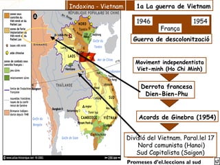 1946 1954
França
Guerra de descolonització
Moviment independentista
Viet-minh (Ho Chi Minh)
Derrota francesa
Dien-Bien-Phu
Divisió del Vietnam. Paral.lel 17
Nord comunista (Hanoi)
Sud Capitalista (Saigon)
Acords de Ginebra (1954)
Indoxina - Vietnam 1a La guerra de Vietnam
Promeses d’el.leccions al sud
 