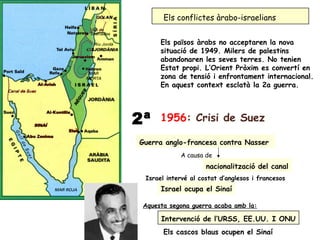 Els conflictes àrabo-israelians
2ª
Guerra anglo-francesa contra Nasser
Israel ocupa el Sinaí
Els cascos blaus ocupen el Sinaí
Intervenció de l’URSS, EE.UU. I ONU
nacionalització del canal
A causa de
Israel intervé al costat d’anglesos i francesos
Aquesta segona guerra acaba amb la:
1956: Crisi de Suez
Els països àrabs no acceptaren la nova
situació de 1949. Milers de palestins
abandonaren les seves terres. No tenien
Estat propi. L’Orient Pròxim es convertí en
zona de tensió i enfrontament internacional.
En aquest context esclatà la 2a guerra.
 