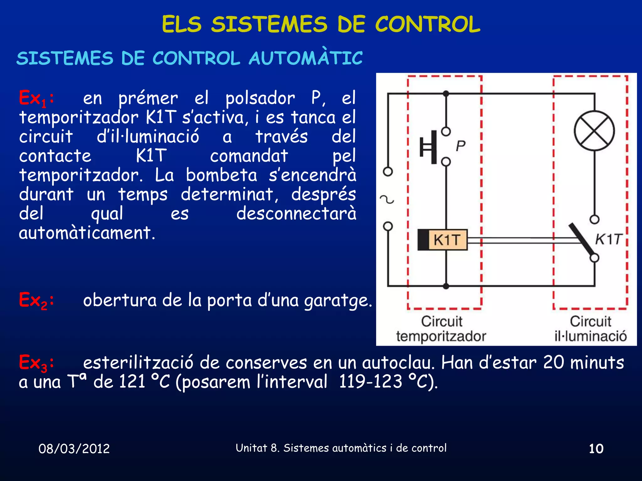 ELS SISTEMES DE CONTROL
SISTEMES DE CONTROL AUTOMÀTIC

Ex1:   en prémer el polsador P, el
temporitzador K1T s’activa, i es tanca el
circuit d’il·luminació a través del
contacte       K1T    comandat        pel
temporitzador. La bombeta s’encendrà
durant un temps determinat, després
del     qual       es    desconnectarà
automàticament.


Ex2:    obertura de la porta d’una garatge.


Ex3:   esterilització de conserves en un autoclau. Han d’estar 20 minuts
a una Tª de 121 ºC (posarem l’interval 119-123 ºC).


  08/03/2012              Unitat 8. Sistemes automàtics i de control   10
 