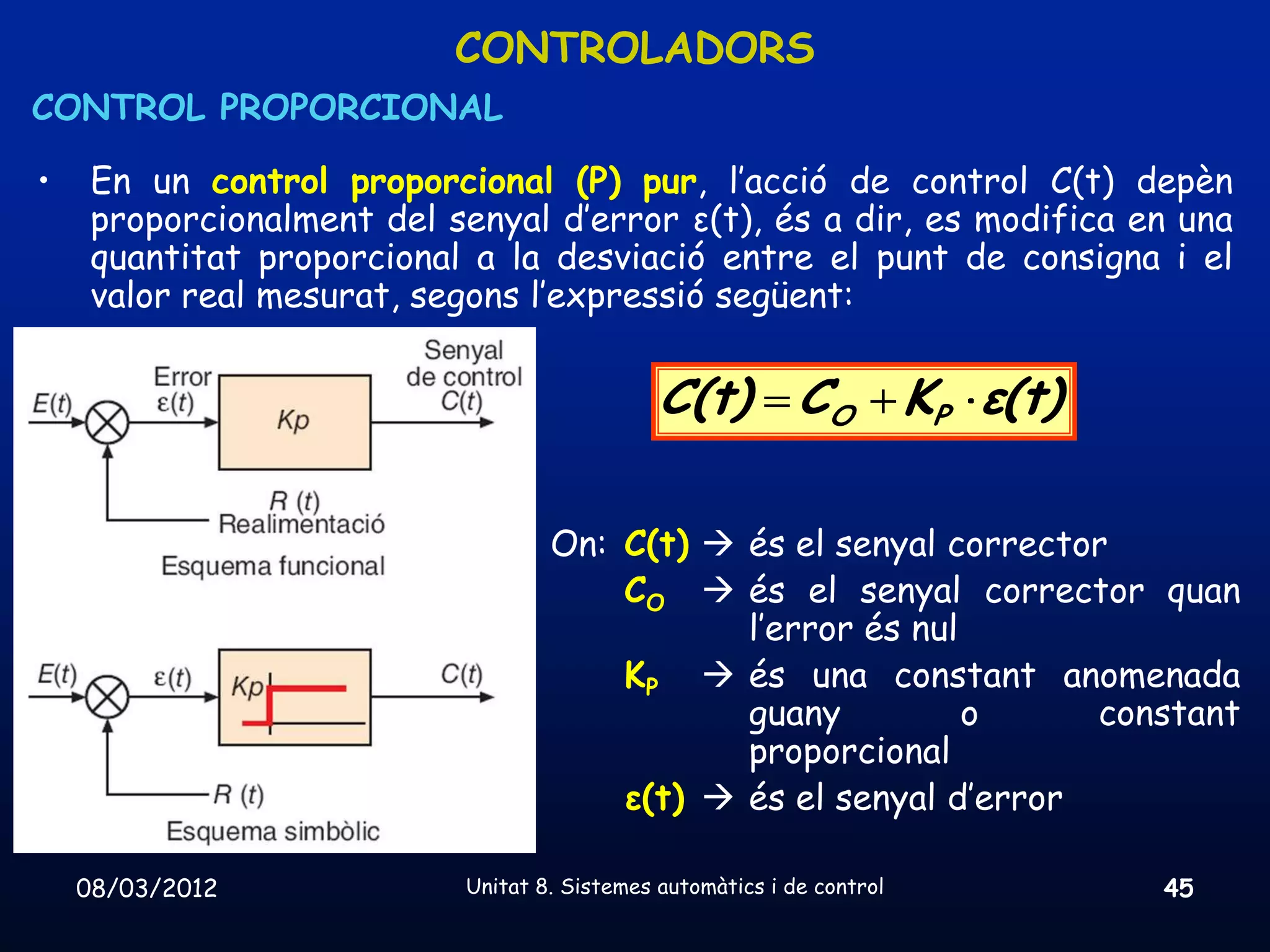 CONTROLADORS
CONTROL PROPORCIONAL

•    En un control proporcional (P) pur, l’acció de control C(t) depèn
     proporcionalment del senyal d’error ε(t), és a dir, es modifica en una
     quantitat proporcional a la desviació entre el punt de consigna i el
     valor real mesurat, segons l’expressió següent:


                                               C(t) CO KP ε(t)

                                    On: C(t)  és el senyal corrector
                                        CO  és el senyal corrector quan
                                               l’error és nul
                                        KP  és una constant anomenada
                                               guany          o     constant
                                               proporcional
                                        ε(t)  és el senyal d’error

    08/03/2012              Unitat 8. Sistemes automàtics i de control   45
 