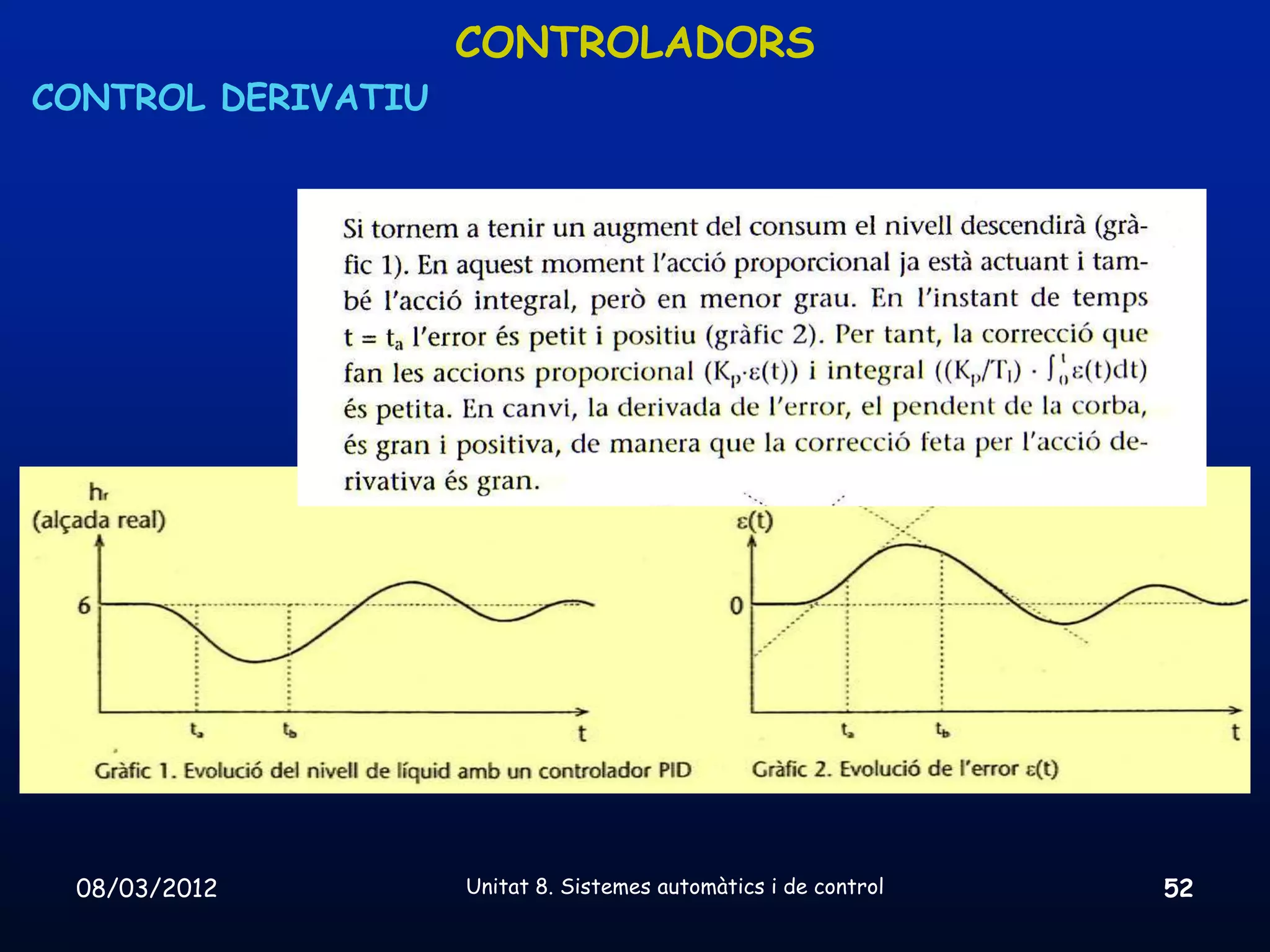 CONTROLADORS
CONTROL DERIVATIU




 08/03/2012         Unitat 8. Sistemes automàtics i de control   52
 